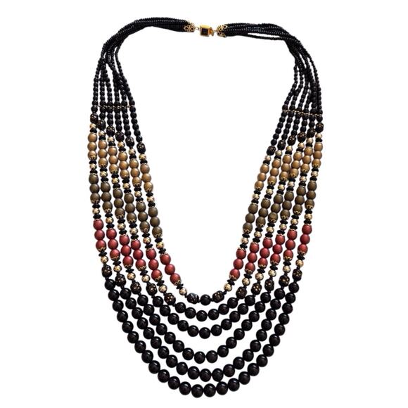 Bohemian Glass Beaded Multi Strand Necklace Red Gold Black Tone Statement.
